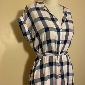 Pink, white, and navy plaid button up dress